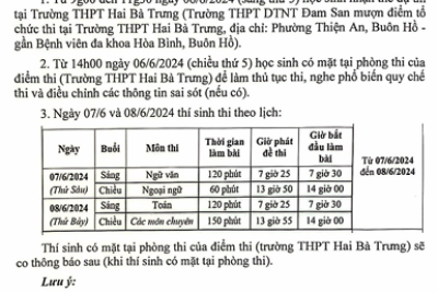 Lịch hoạt động của hội đồng coi thi vào 10 năm học 2024-2025 tại điểm thi THPT Hai Bà Trưng