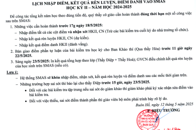 Lịch nhập điểm, kết quả rèn luyện, điểm danh vào smas học kỳ 2 (năm học 2024-2025)