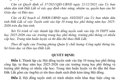 Quyết định thành lập hội đồng tuyển sinh vào 10 năm 2025-2026