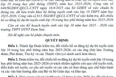 Quyết định Thành lập Đoàn kiểm tra, đối chiếu hồ sơ đăng ký dự thi tuyển sinh lớp 10 THPT năm học 2025-2026